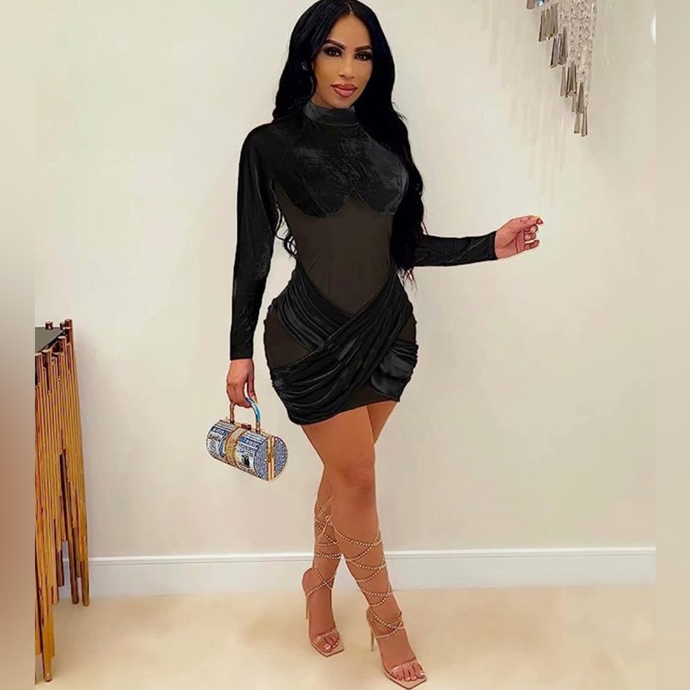 Black Velvet Bodycon Dress Sexy See Through Sheer Mesh Long Sleeve. BRAND NEW